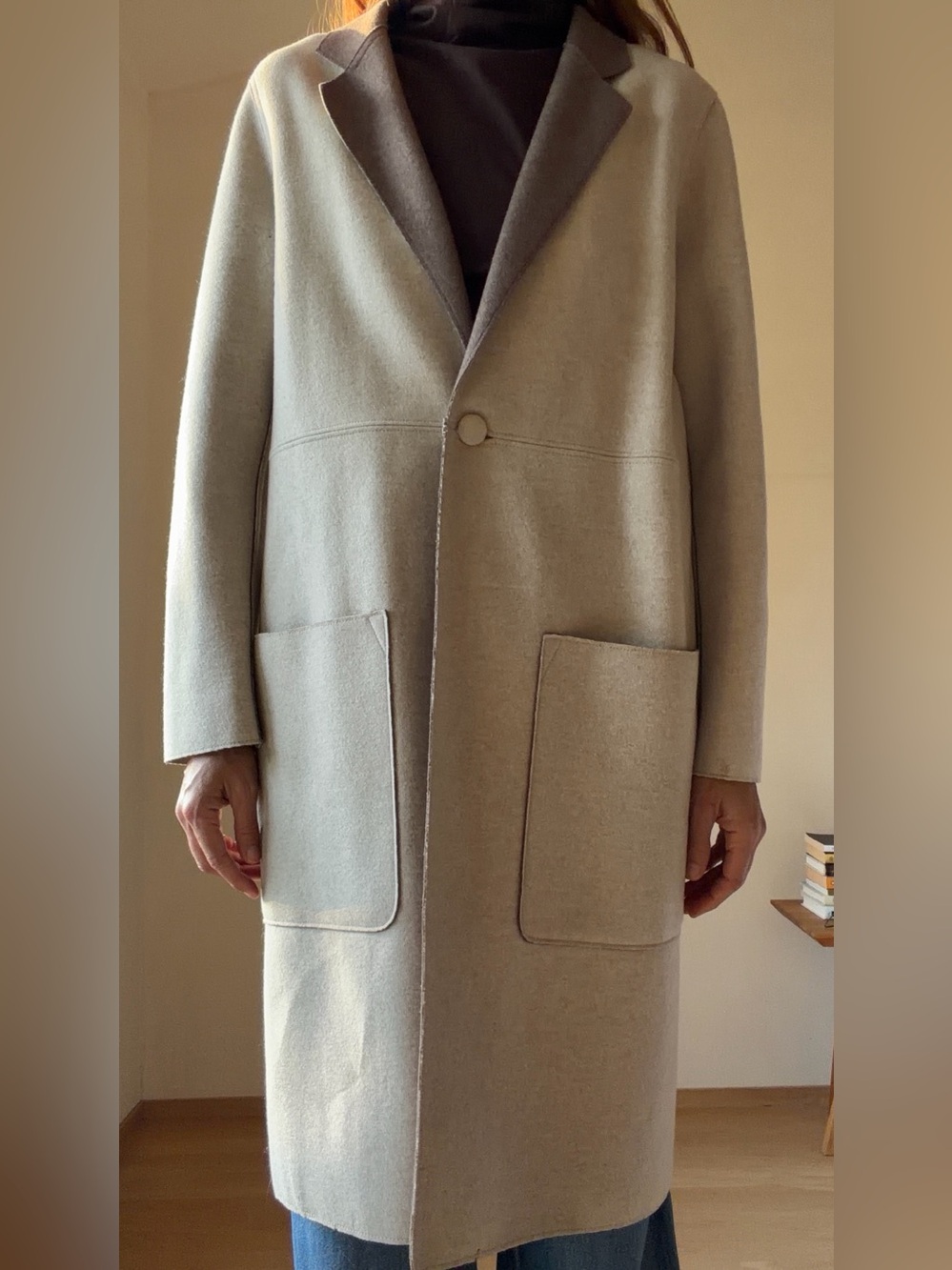 Unisex YVES SAINT LAUREN  Beige Long Wool Coat - Minimal Single-Button Overcoat